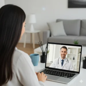Patient attending a secure online telepsychiatry appointment