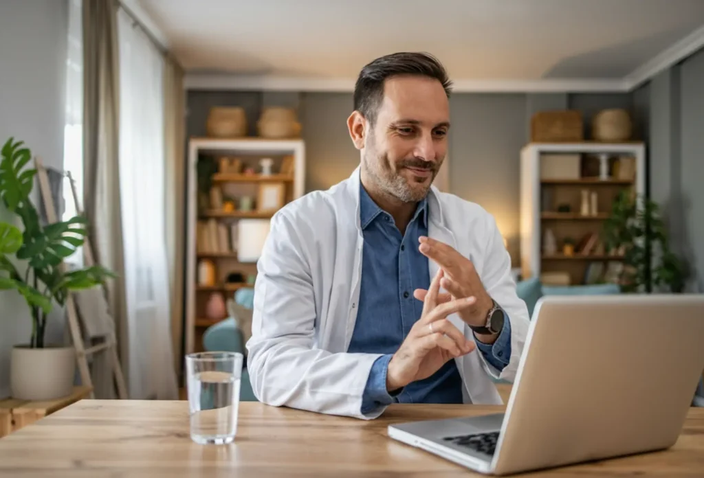 A male psychiatrist in a white lab coat sitting at a wooden desk, gesturing with his hands while smiling during a telehealth psychiatry appointment providing online psychiatry via laptop.