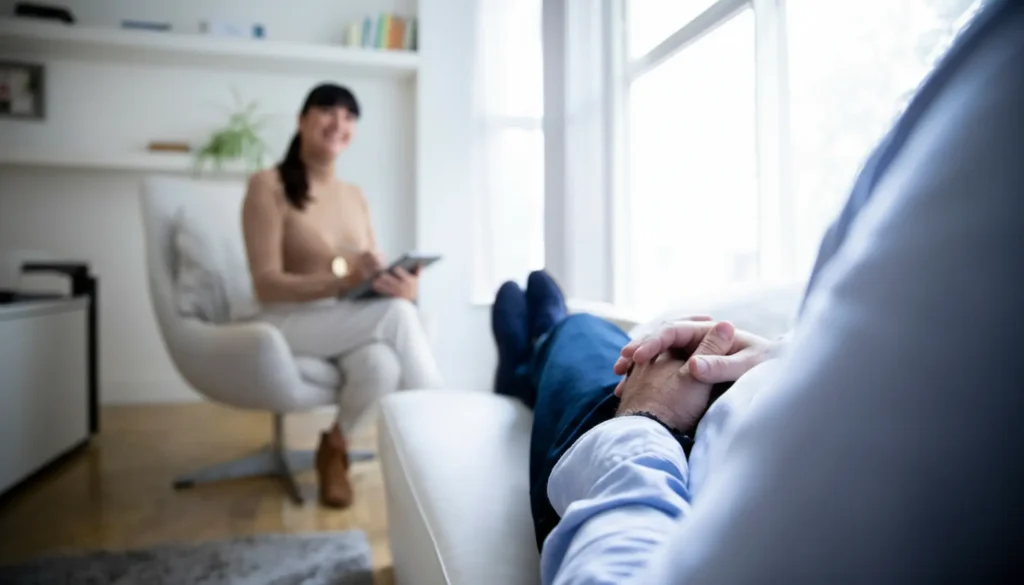 A view from a patient's perspective during a therapy session with a smiling psychiatrist, symbolizing the comfort found when choosing the right psychiatrist.