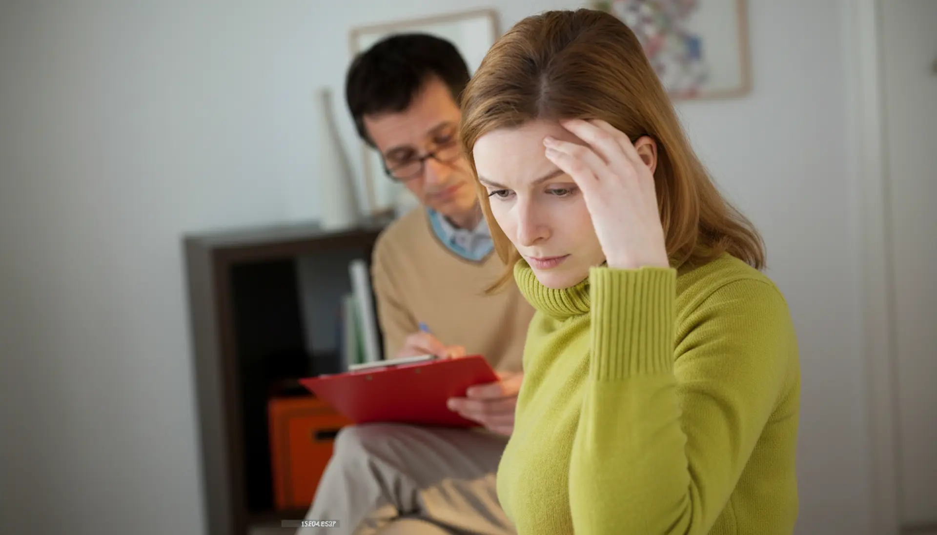 A woman looking thoughtful during a mental health evaluation while a specialist in the background records clinical observations on a clipboard.