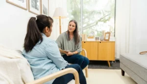 Private psychiatric consultation in a calm office setting