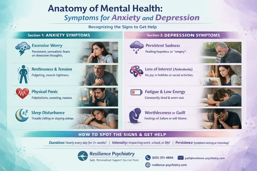 This infographic from Resilience Psychiatry, titled "Anatomy of Mental Health: Symptoms for Anxiety and Depression," provides a visual guide for recognizing the signs of these conditions to seek help. The image is divided into two main sections: Anxiety Symptoms and Depression Symptoms.