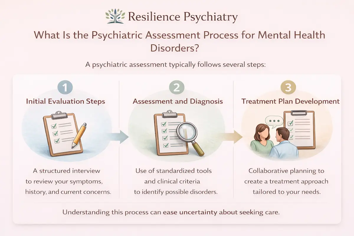 This infographic from Resilience Psychiatry outlines the three-step psychiatric assessment process for mental health disorders to help ease uncertainty for those seeking care.