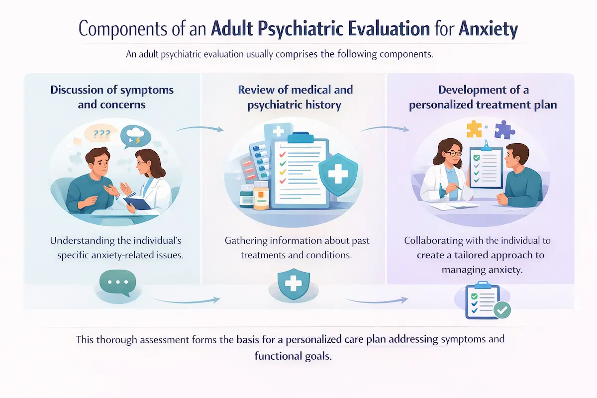 This infographic from Resilience Psychiatry, titled "Components of an Adult Psychiatric Evaluation for Anxiety Disorder," illustrates the three primary stages of a thorough mental health assessment to form the basis of a personalized care plan. The process begins with a "Discussion of symptoms and concerns," where a clinician and patient (depicted in conversation) work to understand the individual's specific anxiety-related issues. The second stage, "Review of medical and psychiatric history," involves gathering information about past treatments and conditions, represented by icons of medication bottles and a medical shield. Finally, the "Development of a personalized treatment plan" shows a doctor and patient collaborating to create a tailored approach to managing anxiety, symbolized by a checklist and interlocking puzzle pieces.