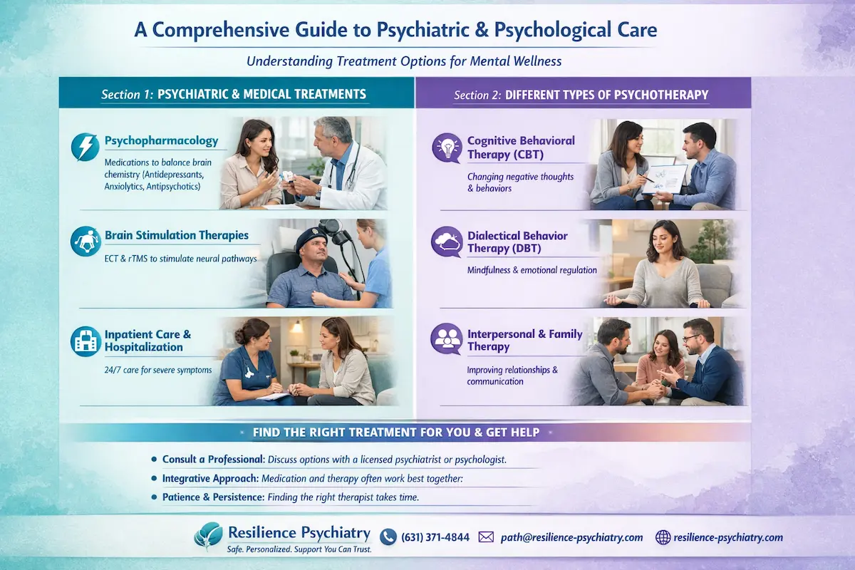 This infographic from Resilience Psychiatry, titled "A Comprehensive Guide to Psychiatric treatments & Psychological Care," provides an overview of mental wellness treatment options. The image is organized into two primary categories of care.