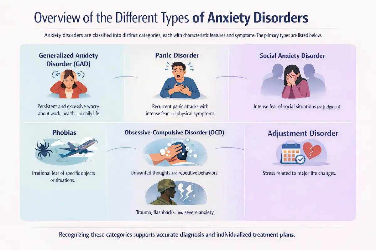 The visual breaks down these disorders into six distinct categories: Generalized Anxiety Disorder (GAD) Panic Disorder Social Anxiety Disorder Phobias: An irrational fear focused on specific objects or situations, such as spiders or flying. Obsessive-Compulsive Disorder (OCD): Marked by unwanted thoughts and repetitive behaviors. Adjustment Disorder