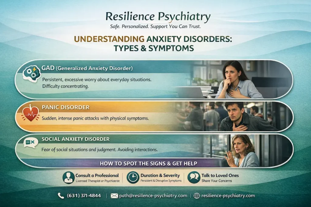 This infographic from Resilience Psychiatry, titled "Understanding Anxiety Disorders: Types & Symptoms," outlines three major anxiety conditions and provides guidance on how to spot the signs and seek professional help. The graphic defines Generalized Anxiety Disorder (GAD) as persistent, excessive worry and difficulty concentrating; Panic Disorder as sudden, intense panic attacks with physical symptoms; and Social Anxiety Disorder as a fear of social situations, judgment, and the avoidance of interactions. Under the "How to Spot the Signs & Get Help" section, the guide advises consulting a professional such as a licensed therapist or psychiatrist, monitoring the duration and severity of persistent or disruptive symptoms, and talking to loved ones to share concerns. Contact information for Resilience Psychiatry, including a phone number (631) 371-4844, email address, and website, is displayed at the bottom.