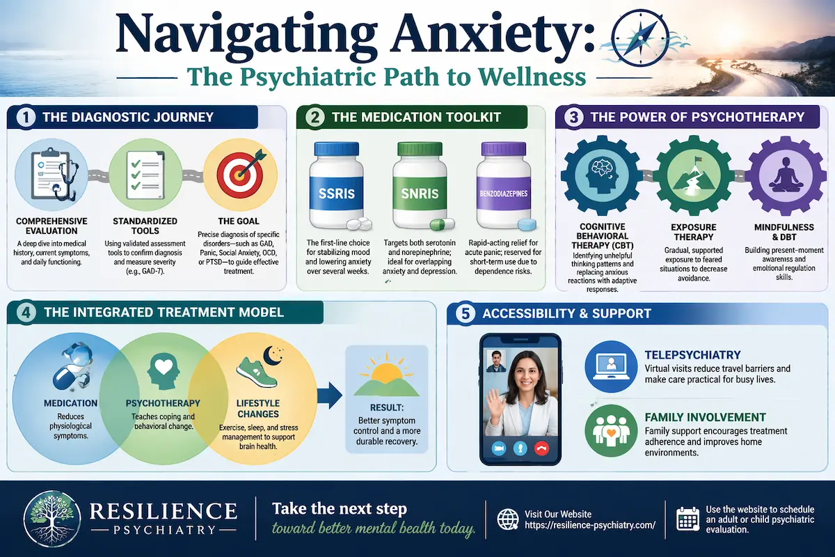 Infographic titled “Navigating Anxiety disorder: The Psychiatric Path to Wellness” with five sections covering diagnosis, medication, therapy, integrated care, and support. It outlines evaluation steps, common medications (SSRIs, SNRIs, benzodiazepines), therapy types (CBT, exposure, mindfulness/DBT), and a combined treatment model including lifestyle changes. The final section highlights telepsychiatry and family support. Footer includes Resilience Psychiatry branding, a call to action, and website link.