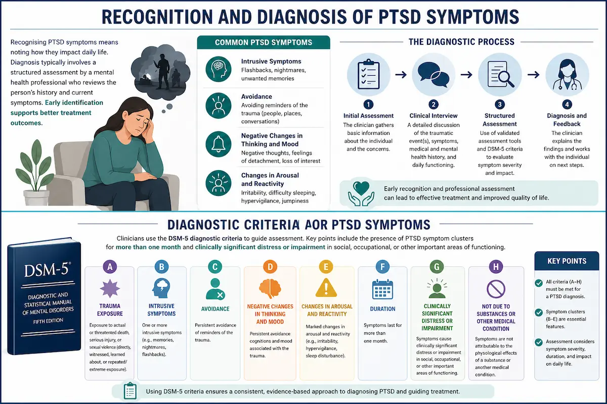 Infographic showing PTSD symptoms, diagnosis process, and DSM-5 criteria for assessment