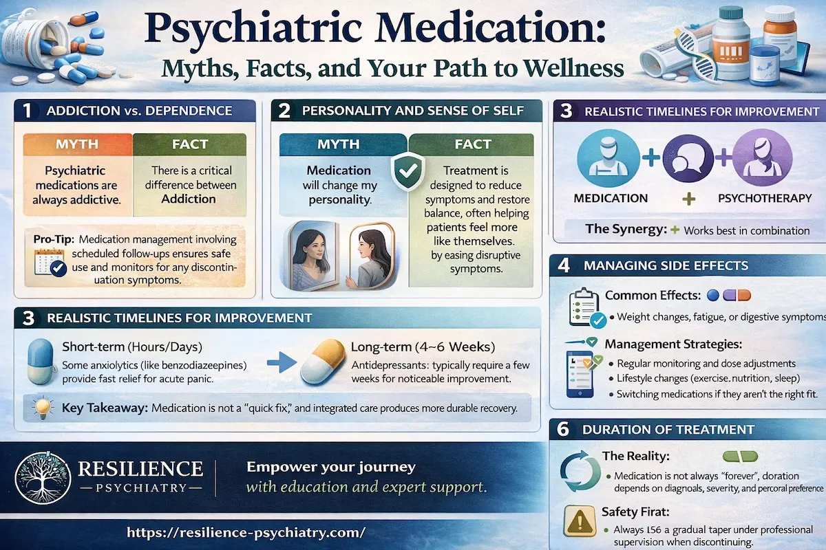 Infographic titled “Psychiatric Medication: Myths, Facts, and Your Path to Wellness” explaining key topics including addiction vs. dependence, medication and personality, treatment timelines, side effect management, personalized care tools, and duration of treatment. It uses icons, comparison boxes, and timelines to clarify common myths and facts, with a footer featuring Resilience Psychiatry branding and website.