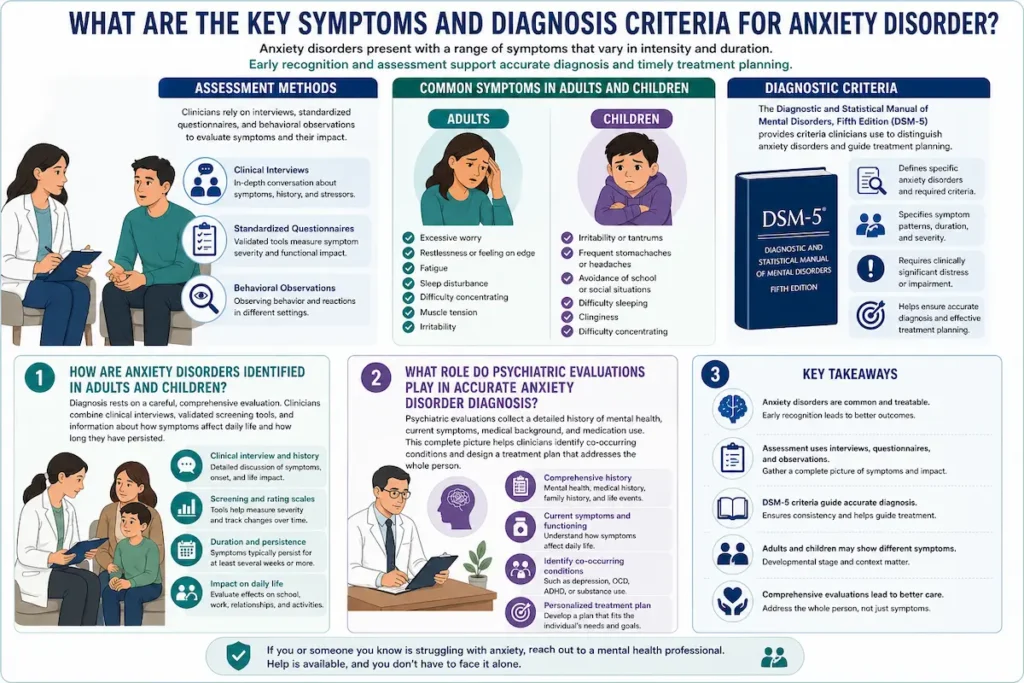 Infographic explaining anxiety disorder symptoms, diagnosis criteria, and assessment methods