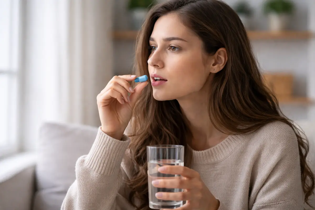 Young woman taking a psychiatric medication with a glass of water at home, illustrating mental health treatment and medication use.