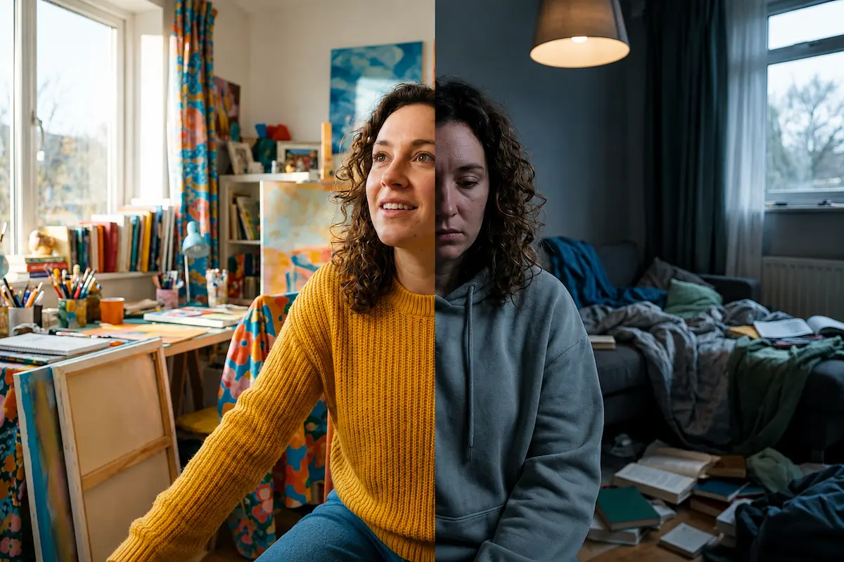 Split portrait showing a woman experiencing bipolar disorder, with one side bright and creative and the other side dark and emotionally distressed in a messy room.