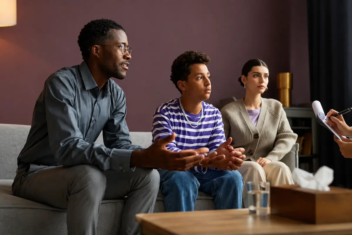 Family attending a counseling session while discussing childhood OCD signs with a mental health professional in a supportive clinical setting.
