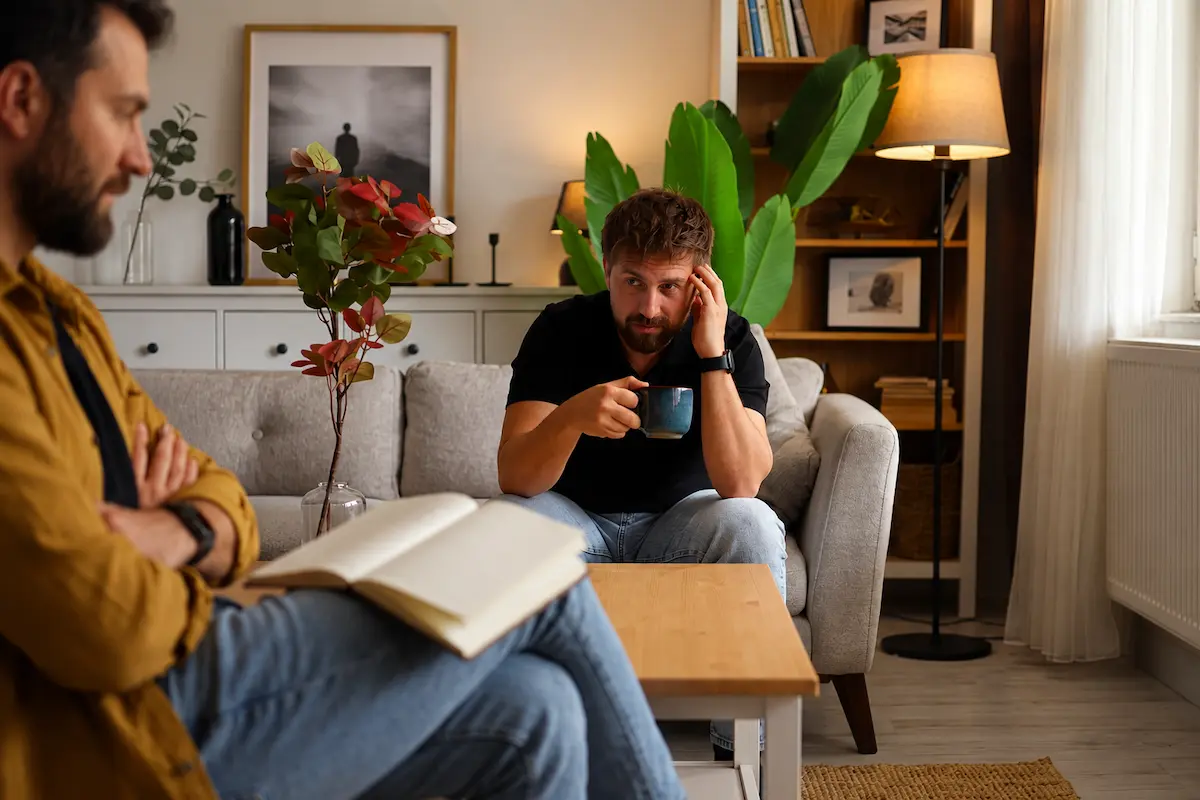 Man sitting on a sofa during a therapy session holding a coffee mug with a thoughtful expression, illustrating depression in men and the importance of professional mental health support.