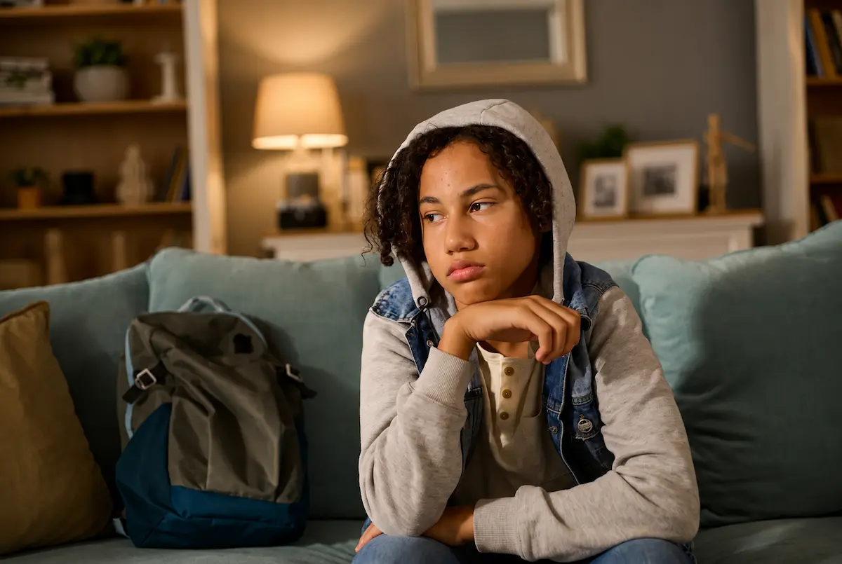 Teen sitting on a couch looking worried with a backpack nearby, illustrating end of school year anxiety, academic stress, and emotional challenges faced by adolescents.