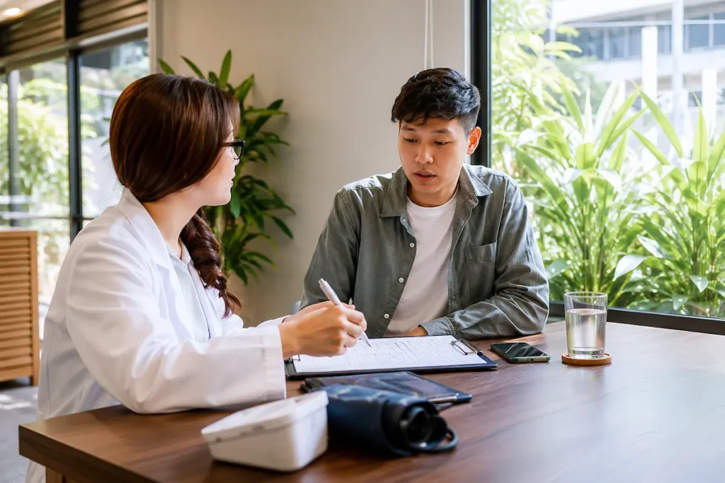 Mental health provider meeting with an LGBTQ+ patient during an affirming psychiatric care consultation in a bright, welcoming office focused on compassionate and inclusive treatment.