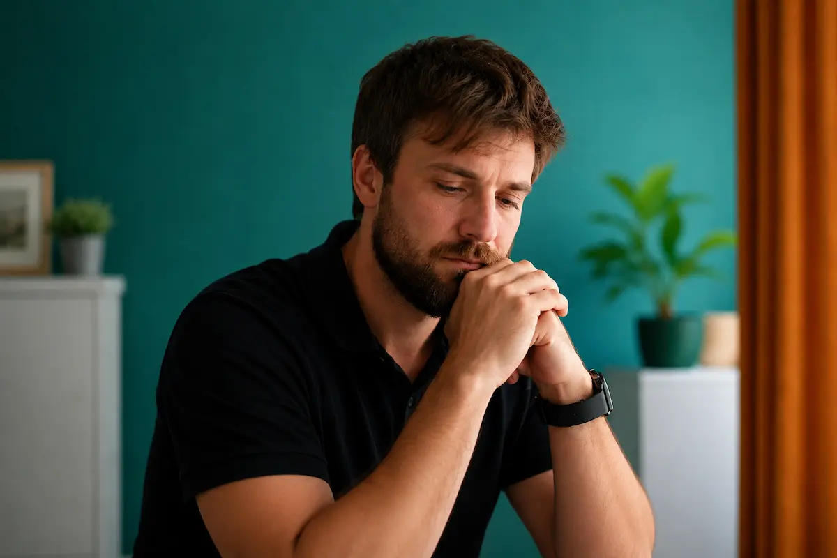 Thoughtful man sitting indoors with his hands clasped near his face, representing men's mental health challenges and the importance of seeking emotional support and professional care.