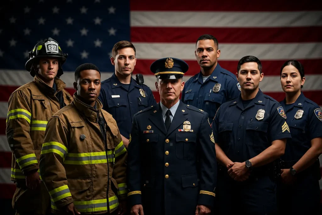 Group portrait of firefighters, police officers, and other first responders standing together in uniform, representing PTSD in first responders and the importance of mental health awareness and support.