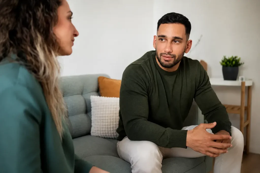 PTSD vs Complex PTSD therapy session showing a client speaking with a mental health professional in a calm counseling office, illustrating trauma-informed treatment, emotional support, and recovery from PTSD and complex PTSD.