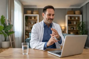 Calm Long Island psychiatry setting with a secure laptop video appointment
